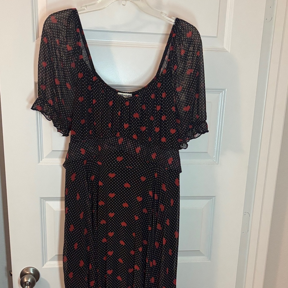 Inspired Hearts Black Dress w/ Red Hearts SZ 1X plus size mesh overlay fit flare